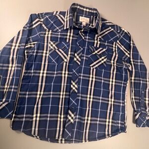 Cowboy Up Western Pearl Snap Shirt Mens XL Blue Plaid‎ Long Sleeve Rodeo